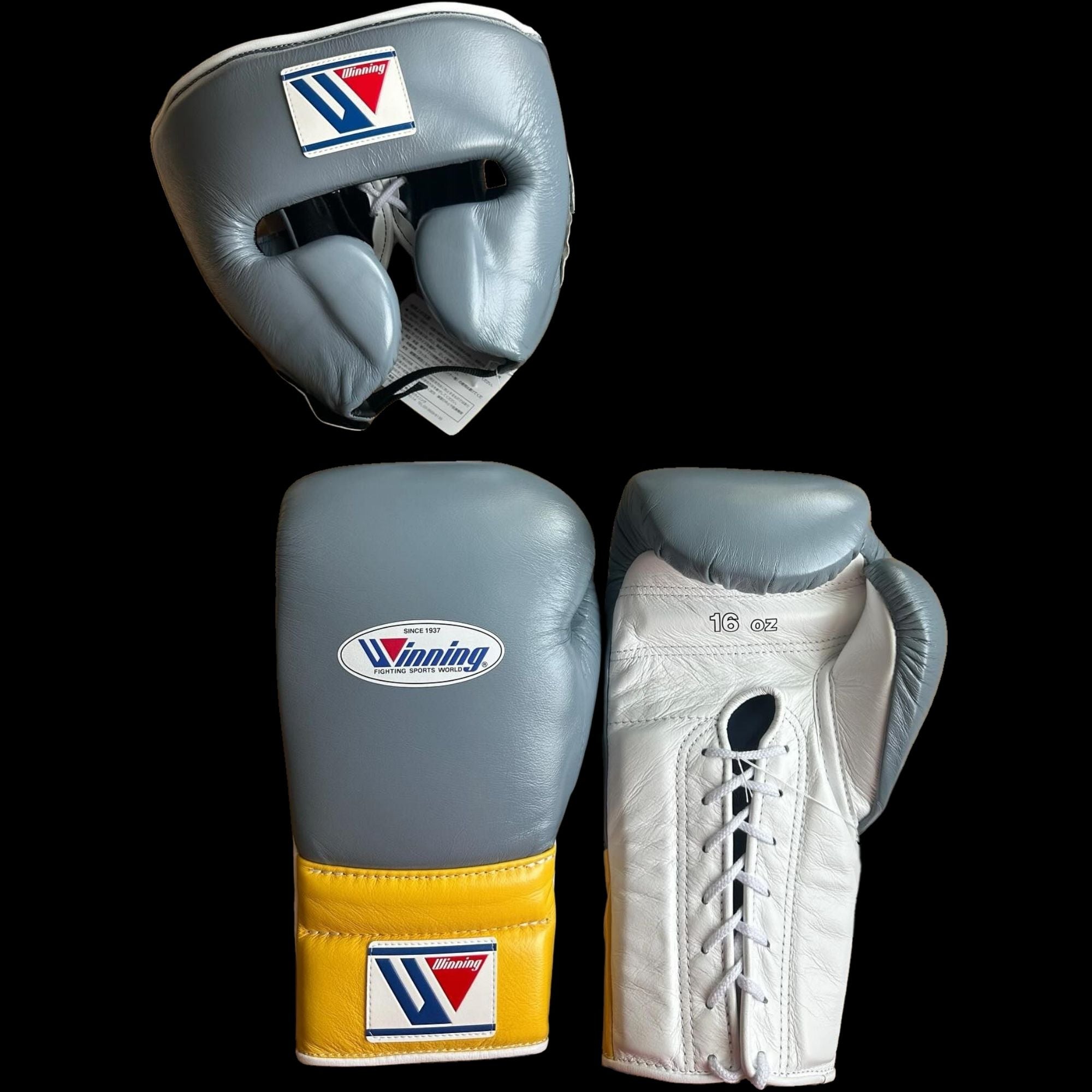 Grey Yellow White Winning Boxing Gloves set, Winning Boxing Glove winning head guard, winning boxing set Winning Lace up Boxing Glove set, Boxing Glove set, Winning boxing gear set, PF Fitness Gear, Winning set, PF FITNESS GEAR
